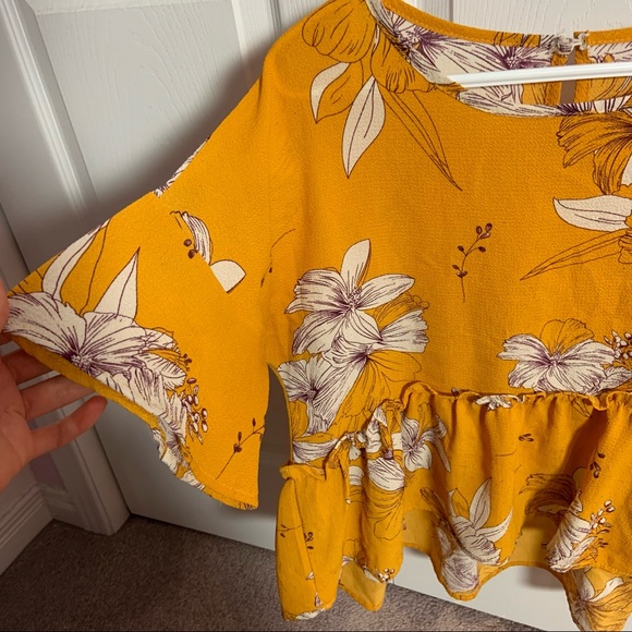 Mustard yellow, white & plum floral flounce top - Picture 3 of 3